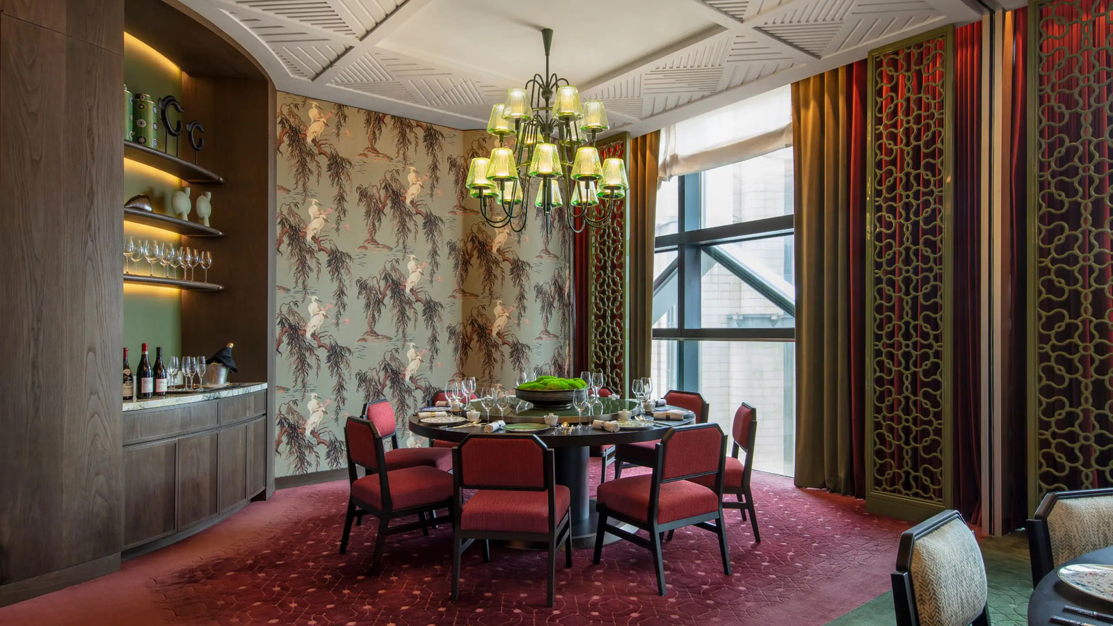Main dining hall at 5 on 25, Andaz Singapore — ornate ceiling and warm lighting.
